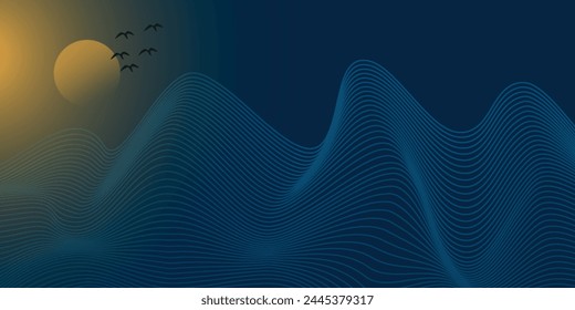 Vector abstract art landscape mountain with birds and sunrise sunset by golden line art texture isolated on dark grey black background