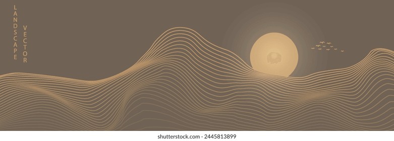 Vector de arte abstracto paisaje montañoso con pájaros y amanecer puesta del sol por línea dorada textura de arte aislado en fondo negro gris oscuro. Estilo de lujo mínimo para el Fondo de pantalla, decoración de arte de la pared.