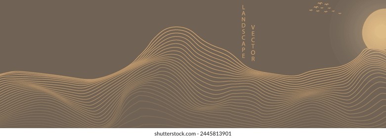 Vector abstract art landscape mountain with birds and sunrise sunset by golden line art texture isolated on dark grey black background. Minimal luxury style for wallpaper, wall art decoration.