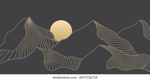 Vector abstracto del arte de la montaña con los pájaros y el atardecer del amanecer por la línea dorada del arte de la textura aislada en el fondo negro gris oscuro..	