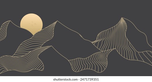 Vector abstract art landscape mountain with birds and sunrise sunset by golden line art texture isolated on dark grey black background..	