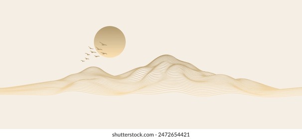 Vector abstract art landscape mountain with birds and sunrise sunset by golden line art texture isolated on white beige background. Minimal luxury style for wallpaper, wall art decoration.