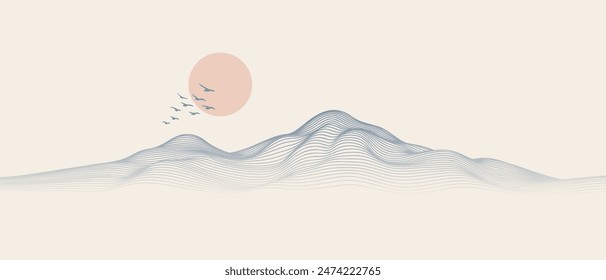 Vector abstract art landscape mountain with birds and sunrise sunset by blue line art texture isolated on white beige earth tone background. Minimal luxury style for wallpaper, wall art decoration.