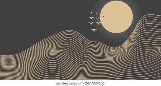 Vector abstract art landscape mountain with birds and sunrise sunset by golden line art texture isolated on dark grey black background. Minimal luxury style for wallpaper, wall art decoration.