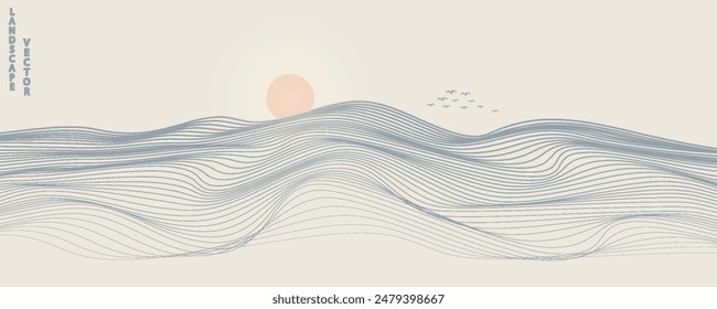 Vector abstract art landscape mountain with birds and sunrise sunset by blue line art texture isolated on white beige earth tone background. Minimal luxury style for wallpaper, wall art decoration.