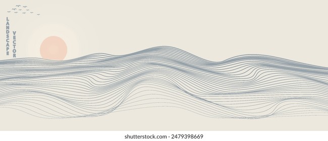 Vector abstract art landscape mountain with birds and sunrise sunset by blue line art texture isolated on white beige earth tone background. Minimal luxury style for wallpaper, wall art decoration.