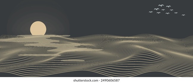 Vector abstract art landscape mountain with birds and sunrise sunset by blue line art texture isolated on white beige earth tone background. Minimal luxury style for wallpaper, wall art decoration.