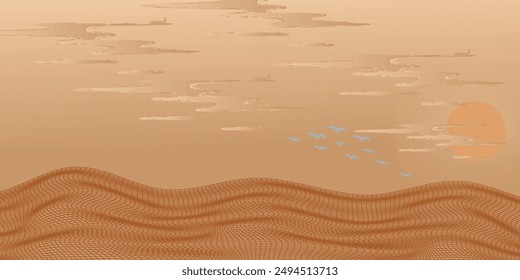 Vector abstract art landscape mountain with birds and sunrise sunset by golden line art texture isolated on dark grey black background. Minimal luxury style for wallpaper, wall art decoration.