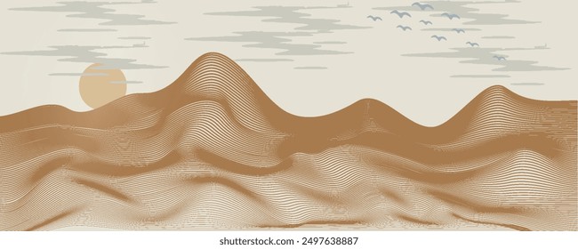 Vector abstract art landscape mountain with birds and sunrise sunset by blue line art texture isolated on white beige earth tone background. Minimal luxury style for wallpaper, wall art decoration.