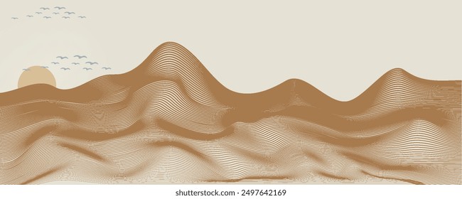 Vector abstract art landscape mountain with birds and sunrise sunset by blue line art texture isolated on white beige earth tone background. Minimal luxury style for wallpaper, wall art decoration.