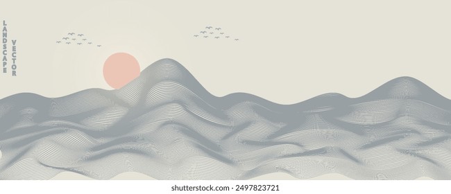 Vector de arte abstracto de la montaña con los pájaros y el atardecer de la salida del sol por la textura azul del arte de la línea aislada en el fondo beige blanco del tono de tierra. Estilo de lujo mínimo para el Fondo de pantalla, decoración del arte de la pared.