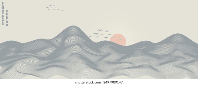 Vector abstract art landscape mountain with birds and sunrise sunset by blue line art texture isolated on white beige earth tone background. Minimal luxury style for wallpaper, wall art decoration.