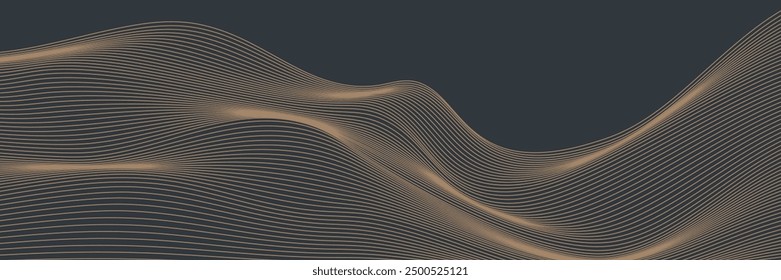 Vector abstract art landscape mountain with birds and sunrise with gold line art texture isolated on dark gray black background. eps10	