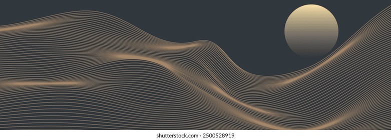 Vector de arte abstracto de la montaña con pájaros y salida del sol con la textura del arte de la línea del oro aislada en fondo negro gris oscuro. eps10	