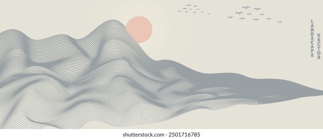 Vector de arte abstracto de la montaña con los pájaros y el atardecer de la salida del sol por la textura azul del arte de la línea aislada en el fondo beige blanco del tono de tierra. Estilo de lujo mínimo para el Fondo de pantalla, decoración del arte de la pared.
