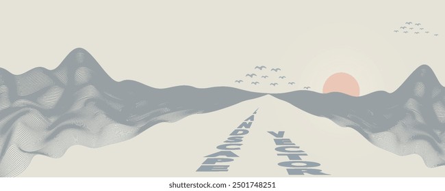 Vector de arte abstracto de la montaña con los pájaros y el atardecer de la salida del sol por la textura azul del arte de la línea aislada en el fondo beige blanco del tono de tierra. Estilo de lujo mínimo para el Fondo de pantalla, decoración del arte de la pared.