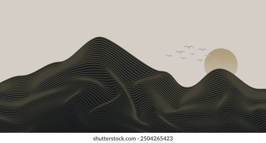Vector abstract art landscape mountain with birds and sunrise sunset by golden line art texture isolated on dark grey black background. Minimal luxury style for wallpaper, wall art decoration.
