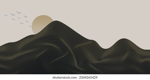 Vector abstract art landscape mountain with birds and sunrise sunset by golden line art texture isolated on dark grey black background. Minimal luxury style for wallpaper, wall art decoration.