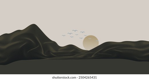 Vector abstract art landscape mountain with birds and sunrise sunset by golden line art texture isolated on dark grey black background. Minimal luxury style for wallpaper, wall art decoration.