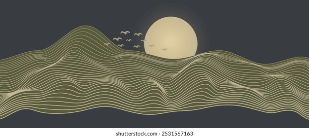 Vetor arte abstrata paisagem montanha com pássaros e pôr do sol do nascer do sol por linha dourada arte textura isolada no fundo preto cinza escuro. Estilo de luxo mínimo para papel de parede, decoração de arte de parede.