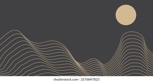 Vector abstract art landscape mountain with birds and sunrise sunset by golden line art texture isolated on dark grey black background. EPS 10