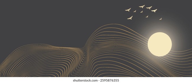 Vector abstract art landscape mountain with birds and sunrise sunset by golden line art texture isolated on dark grey black background. Minimal luxury style for wallpaper, wall art decoration.
