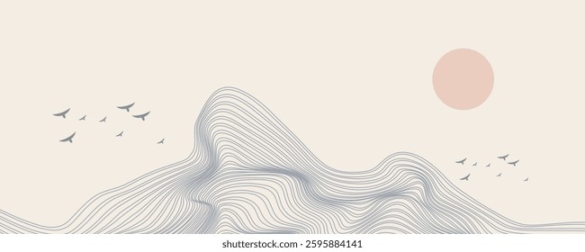 Vector abstract art landscape mountain with birds and sunrise sunset by blue line art texture isolated on white beige earth tone background. Minimal luxury style for wallpaper, wall art decoration.