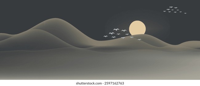 Vector abstract art landscape mountain with birds and sunrise sunset by golden line art texture isolated on dark grey black background. Minimal luxury style for wallpaper, wall art decoration.