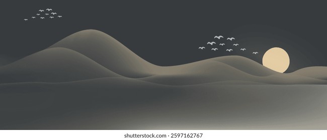 Vector abstract art landscape mountain with birds and sunrise sunset by golden line art texture isolated on dark grey black background. Minimal luxury style for wallpaper, wall art decoration.