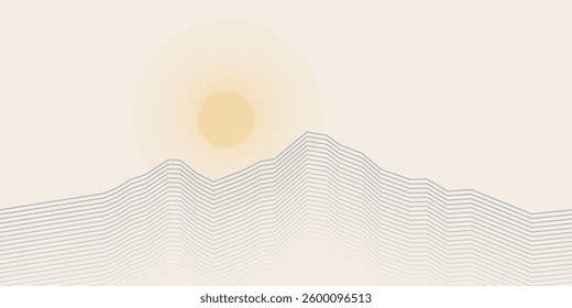 Vector abstract art landscape mountain with birds and sunrise sunset by blue line art texture isolated on white beige earth tone background. Minimal luxury style for wallpaper, wall art