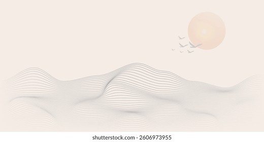 Vector abstract art landscape mountain with birds and sunrise sunset by blue line art texture isolated on white beige earth tone background. Minimal luxury style for wallpaper, wall art decoration.