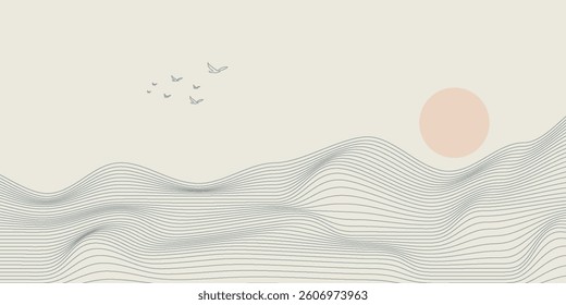 Vector abstract art landscape mountain with birds and sunrise sunset by blue line art texture isolated on white beige earth tone background. Minimal luxury style for wallpaper, wall art decoration.