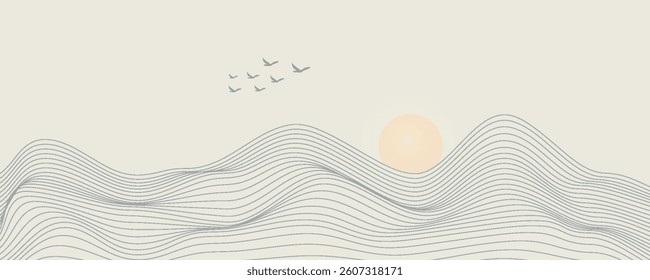 Vector abstract art landscape mountain with birds and sunrise sunset by blue line art texture isolated on white beige earth tone background. Minimal luxury style for wallpaper, wall art decoration.