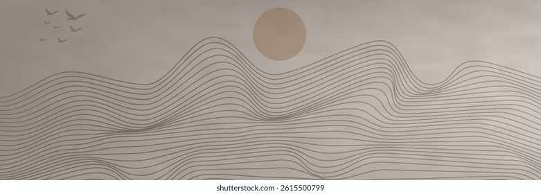 Vector abstract art landscape mountain with birds and sunrise sunset by blue line art texture isolated on white beige earth tone background. Minimal luxury style for wallpaper, wall art decoration.