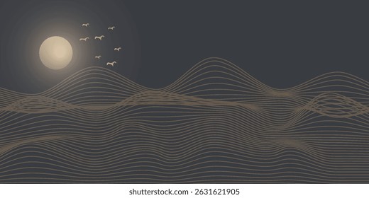 Vector abstract art landscape mountain with birds and sunrise with gold line art texture isolated on dark gray black background. eps10