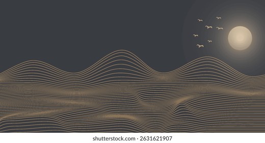 Vector abstract art landscape mountain with birds and sunrise with gold line art texture isolated on dark gray black background. eps10