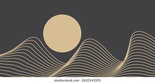 Vector abstract art landscape mountain with birds and sunrise sunset by golden line art texture isolated on dark grey black background. Minimal luxury style for wallpaper, wall art decoration.