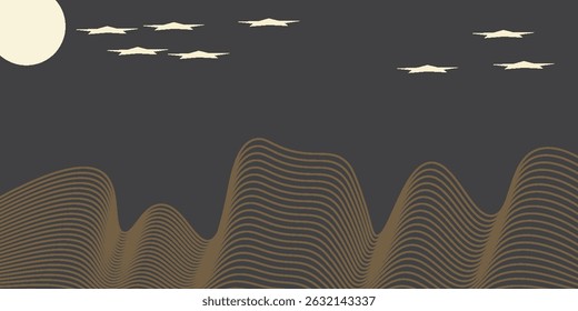 Vector abstract art landscape mountain with birds and sunrise sunset by golden line art texture isolated on dark grey black background. Minimal luxury style for wallpaper, wall art decoration.