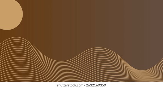Vector abstract art landscape mountain with birds and sunrise sunset by golden line art texture isolated on dark grey black background. Minimal luxury style for wallpaper, wall art decoration.
