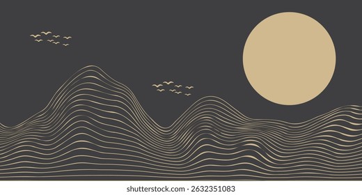 Vektorgrafik abstrakte Kunst Landschaft Berg mit Vögeln und Sonnenaufgang Sonnenuntergang durch goldene Linie Kunst Textur einzeln auf dunkelgrauem schwarzen Hintergrund. Minimaler Luxusstil für Tapeten, Wandkunstdekoration.