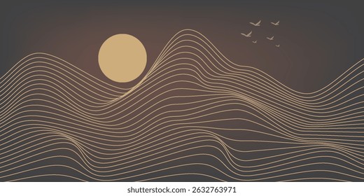 Vector abstract art landscape mountain with birds and sunrise sunset by golden line art texture isolated on dark grey black background.