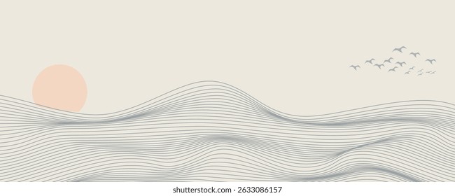 Vector abstract art landscape mountain with birds and sunrise sunset by blue line art texture isolated on white beige earth tone background. Minimal luxury style for wallpaper, wall art decoration.