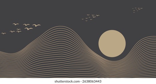 Vector abstract art landscape mountain with birds and sunrise sunset by golden line art texture isolated on dark grey black background. Minimal luxury style for wallpaper, wall art decoration. vector