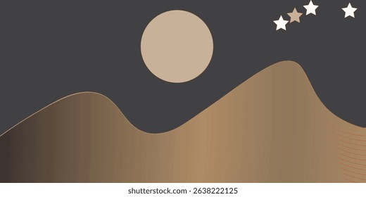 Vector abstract art landscape mountain with birds and sunrise sunset by golden line art texture isolated on dark grey black background. Minimal luxury style for wallpaper, wall art decoration.