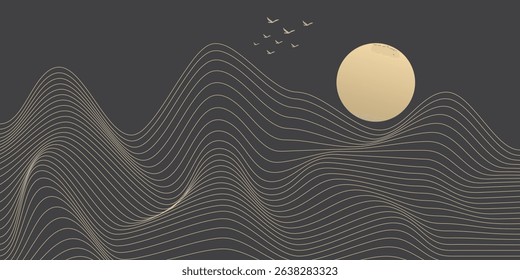 Vector abstract art landscape mountain with birds and sunrise sunset by golden line art texture isolated on dark grey black background. Minimal luxury style for wallpaper, wall art decoration.