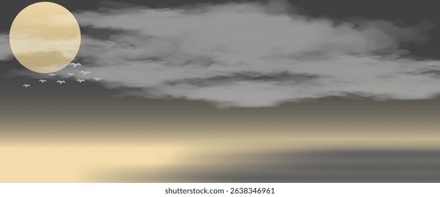 Vector abstract art landscape mountain with birds and sunrise sunset by golden line art texture isolated on dark grey black background. Minimal luxury style for wallpaper, wall art decoration.