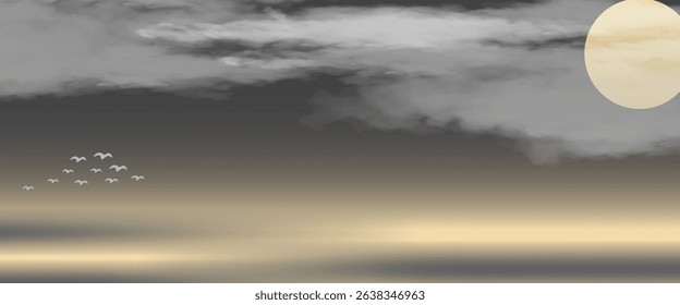 Vector abstract art landscape mountain with birds and sunrise sunset by golden line art texture isolated on dark grey black background. Minimal luxury style for wallpaper, wall art decoration.