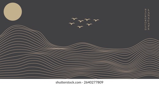 Vector abstract art landscape mountain with birds and sunrise sunset by golden line art texture isolated on dark grey black background. Minimal luxury style for wallpaper, wall art decoration.