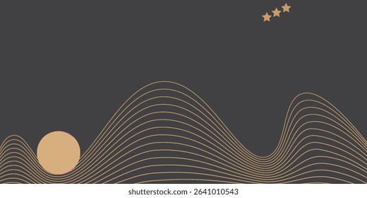 Vector abstract art landscape mountain with birds and sunrise sunset by golden line art texture isolated on dark grey black background. Minimal luxury style for wallpaper, wall art decoration.