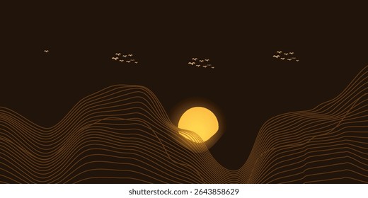 Vector abstract art landscape mountain with birds and sunrise with golden line art texture isolated on dark gray black background. EPS10